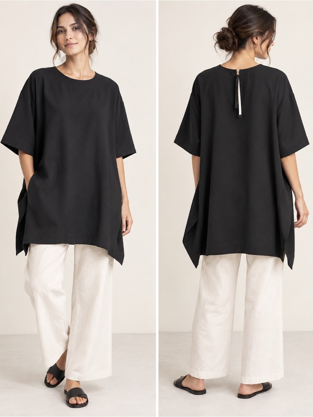 Title: ROUCHA Black Oversized Tunic Dress Short Sleeve Minimalist Designer